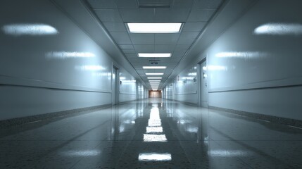 Long, empty hospital corridor with shiny floor reflecting light.