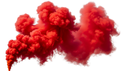 Spectacular plume of vibrant crimson smoke billows outward against the solid black background
