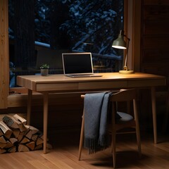 Cozy cabin workspace with laptop and desk lamp chair blanket