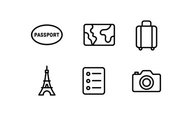 Essential travel icons set in simple line art style for global adventures