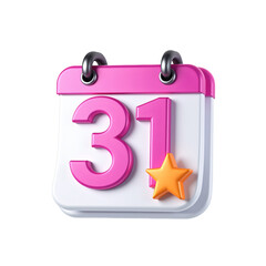 3d render of a pink calendar page showing the thirty first day with a star isolated on transparent background