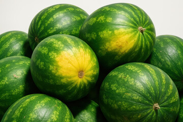 Ripe striped watermelons stacked in a pile with vibrant green rinds and yellow sunspots against a plain white background