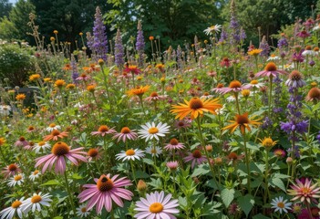  A garden specifically designed to attract pollinators, featuring nectar rich flowers and vibrant colors under a bright, sunny