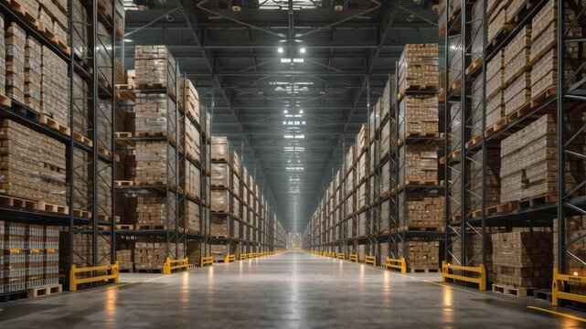 epic wide shot of a massive, well-organized warehouse filled with towering stacks of canned food pallets, a sense of grand scale and logistics, cinematic, ultra-realistic