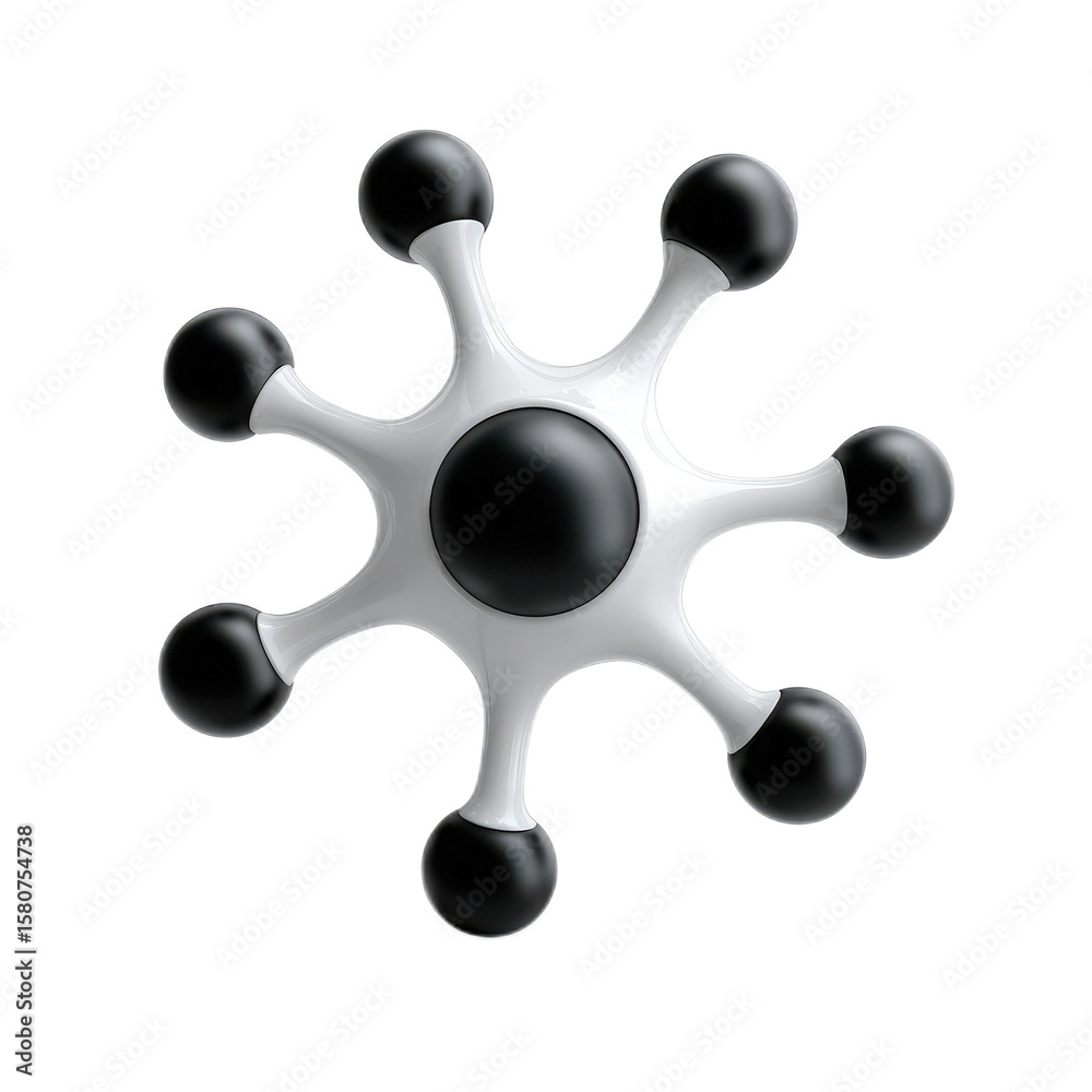 Poster abstract black and white design featuring a spherical central structure with multiple protruding rou