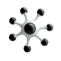 Abstract black and white design featuring a spherical central structure with multiple protruding rounded elements