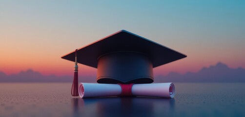  Modern Geometric Style Cap and 8 Bit Style Diploma on a Smooth Gradient Sky Backdrop