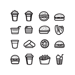 Vector illustration of a junkfood set including burger, fries, soda, and other fast food items with bright and appetizing colors