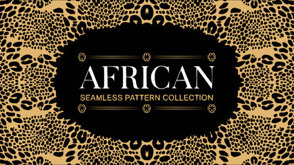 African seamless pattern collection with tribal-inspired animal skin texture in black and gold for textile, fashion, and decor design