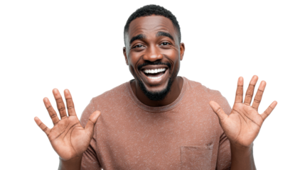 A cheerful man smiling with hands raised, expressing happiness and positivity, isolated on white background.