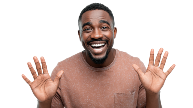 A cheerful man smiling with hands raised, expressing happiness and positivity, isolated on white background.