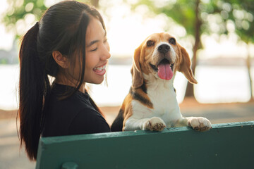 Happy asian woman relaxing with her beagle dog on a park bench in the morning – cheerful female...