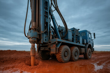 Heavy duty drilling truck operating on a red clay worksite under cloudy skies, industrial machinery in active soil excavation process