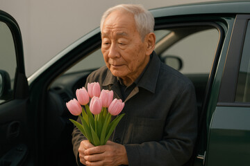 Elderly man holding fresh pink tulips while standing beside a car, conveying warmth and gentle emotion in a quiet moment