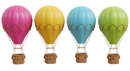 Colorful Hot Air Balloons in a Row: Bright Colors, White Background, 3D Render.