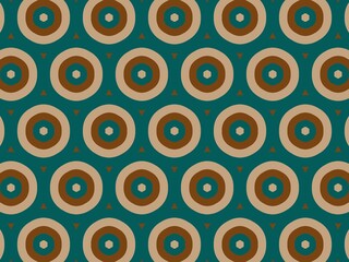 Seamless retro pattern with repeating concentric circles in teal, brown, and beige; perfect for vintage-inspired designs and 70s-themed projects.