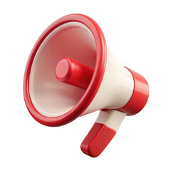 A classic red and white plastic megaphone with a detailed glossy finish isolated on transparent background