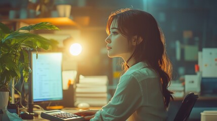 Business and finance concept: Businesswoman using calculator to calculate business data at office.