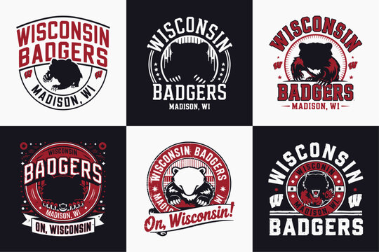 Wisconsin Badgers Sports Logo Set with Vintage Mascot Designs and Typography for Team Apparel, Merchandise, and Fan Branding