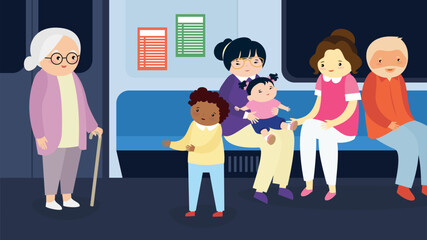 Grandmother with grandchildren in the train. Vector illustration in flat style