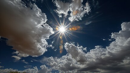 Radiant sun piercing through a dramatic sky filled with clouds.