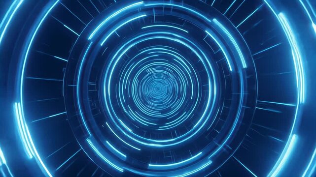 Abstract Blue Neon Light Tunnel Rotating Circles Seamless Loop