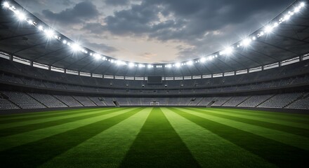 Empty stadium with bright lights and green field