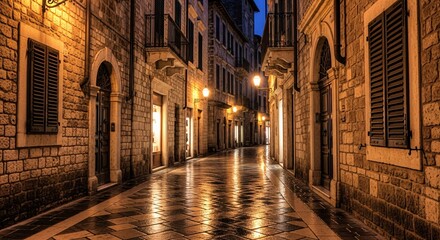 Fototapeta premium Rain-Soaked Cobblestone Street in Old European Town, Warm Lights and Reflections at Night, Romantic Atmosphere, Serene Urban Scene