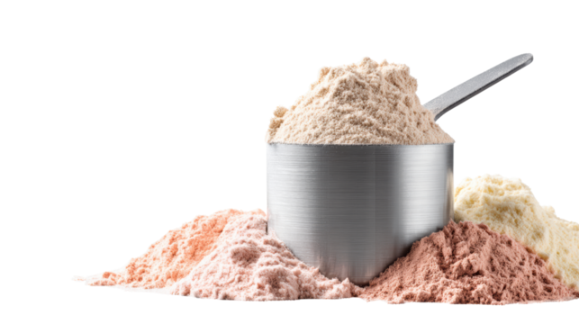 A measuring scoop filled with various types of protein powder on a white isolated background.