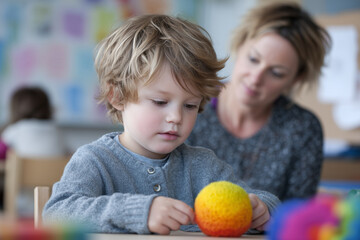 Obraz premium Young Autistic Child in Classroom Focusing on Sensory Activity