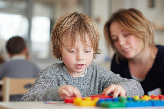 Young Autistic Child in Classroom Focusing on Sensory Activity
