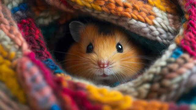 A small golden hamster peeks out from a colorful knitted scarf. The scene is cozy and warm, showcasing the hamster's round face and bright eyes.
