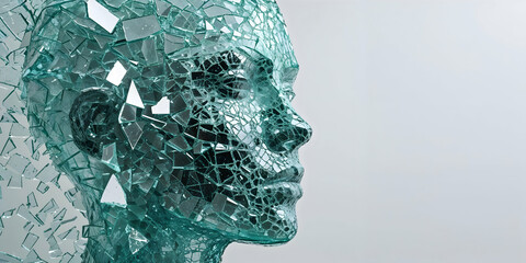 A mesmerizing glass sculpture captures the essence of a human face in a fragmented, modern style.