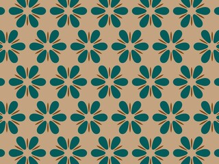 A vibrant seamless pattern featuring stylized floral shapes in teal and brown on a beige background, great for textiles and backgrounds.