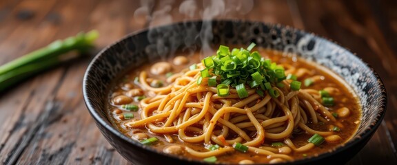  Intense close up of Miso Ramen dish on dark wood background, vibrant color palette, depth of field, studio lighting, texture