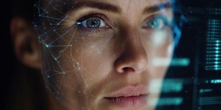 Close-Up of Woman Using Futuristic Facial Recognition Interface