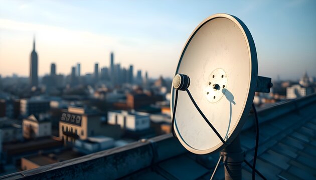 Realistic close-up of a satellite communications parabolic antenna mounted on a roof with a city skyline.