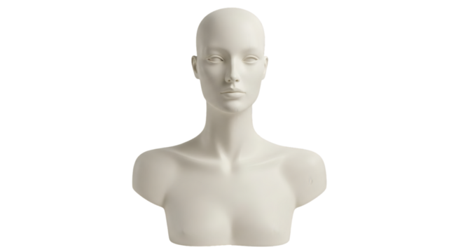 White bust mannequin against a black background.