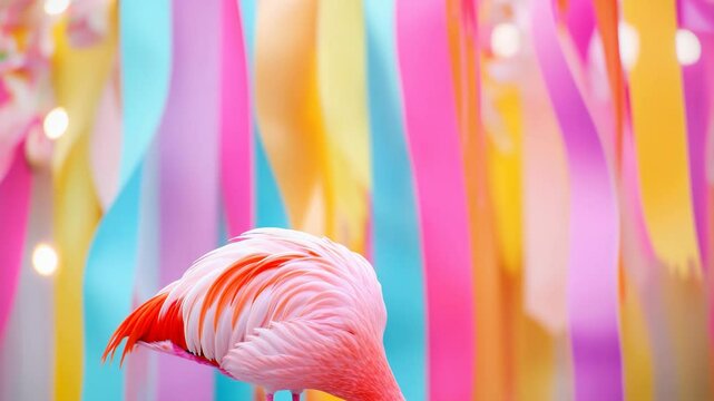 A pink flamingo stands gracefully against a backdrop of colorful ribbons in shades of pink, blue, and yellow. The scene is vibrant and festive.