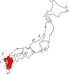 Kyushu region map, a map of Japan highlighting the Kyushu region