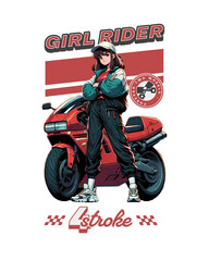 Girl Rider and Sportbike: A stylish girl confidently stands beside her powerful red sportbike, exuding a cool and independent vibe.