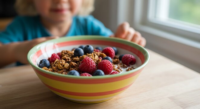 A child enjoys a healthy bowl of granola and berries