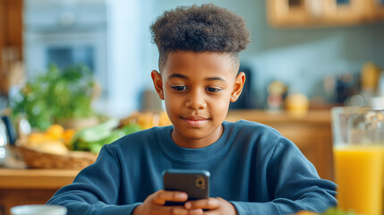Young boy sits at a table using a smartphone, focused on social media in a cozy home setting.