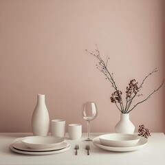 Minimalist abstract holiday table setting with clean lines and isolated decorative elements rendered in soft pastel tones