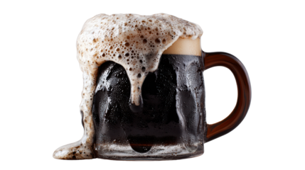 Beer mug overflowing with foam, isolated on white background.