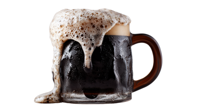 Beer mug overflowing with foam, isolated on white background.