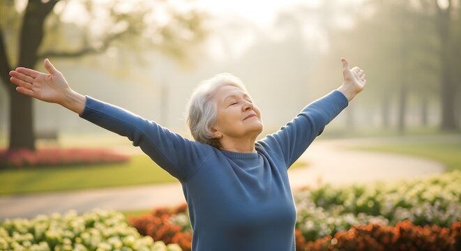 Senior Woman Embraces Serenity Morning Sunlight and Open Arms in the Garden