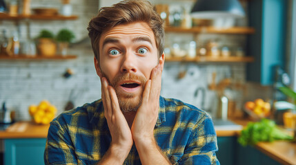 Surprised young man with a beard and wide eyes holds his face in shock while standing in a modern kitchen.