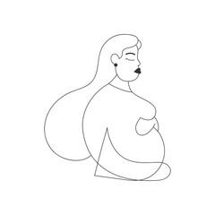 Pregnant woman drawn in line style. Love and care concept. Mother icon. Flat vector illustration isolated on white background.