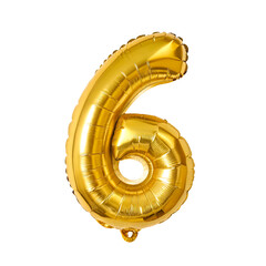Golden number 6 light years, isolated balloon on transparent background. Foil helium balloon in PNG format.	